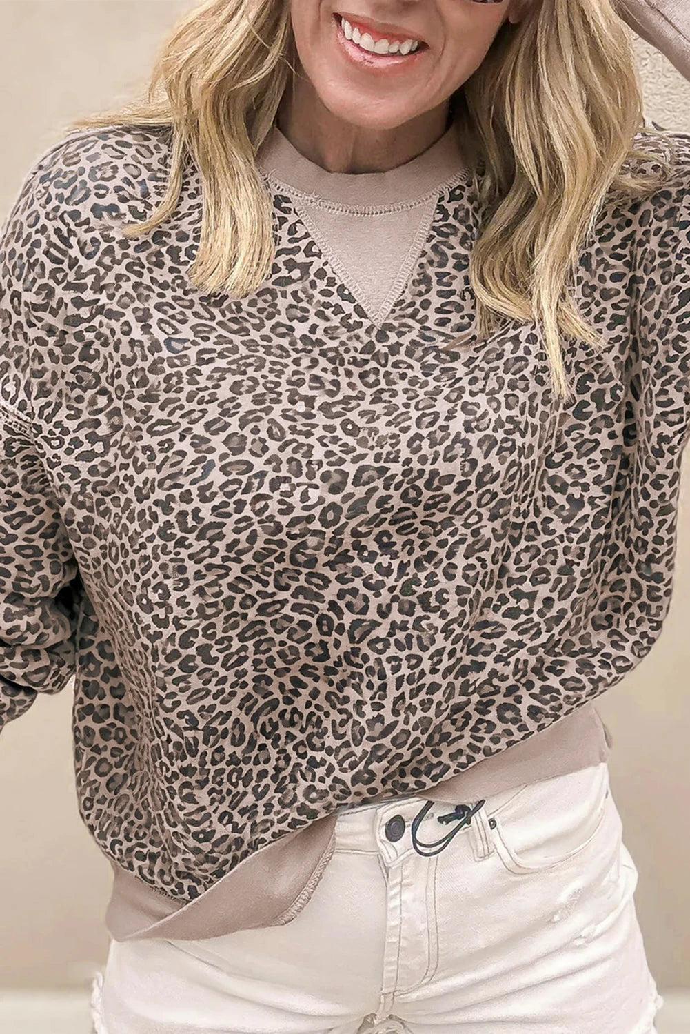 Pink Leopard Print Patchwork Crew Neck Sweatshirt