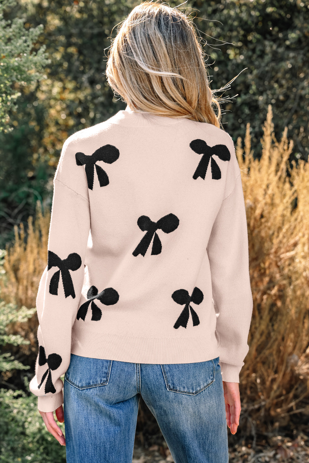 Pearl Embellished Bow Pattern Loose Sweater