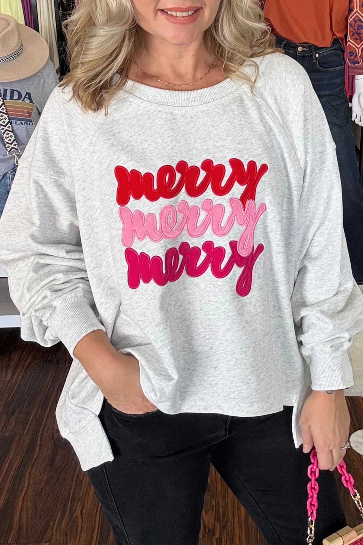 Light Grey Festive Sequin Embroidered Merry Slogan Relaxed Pullover Sweatshirt