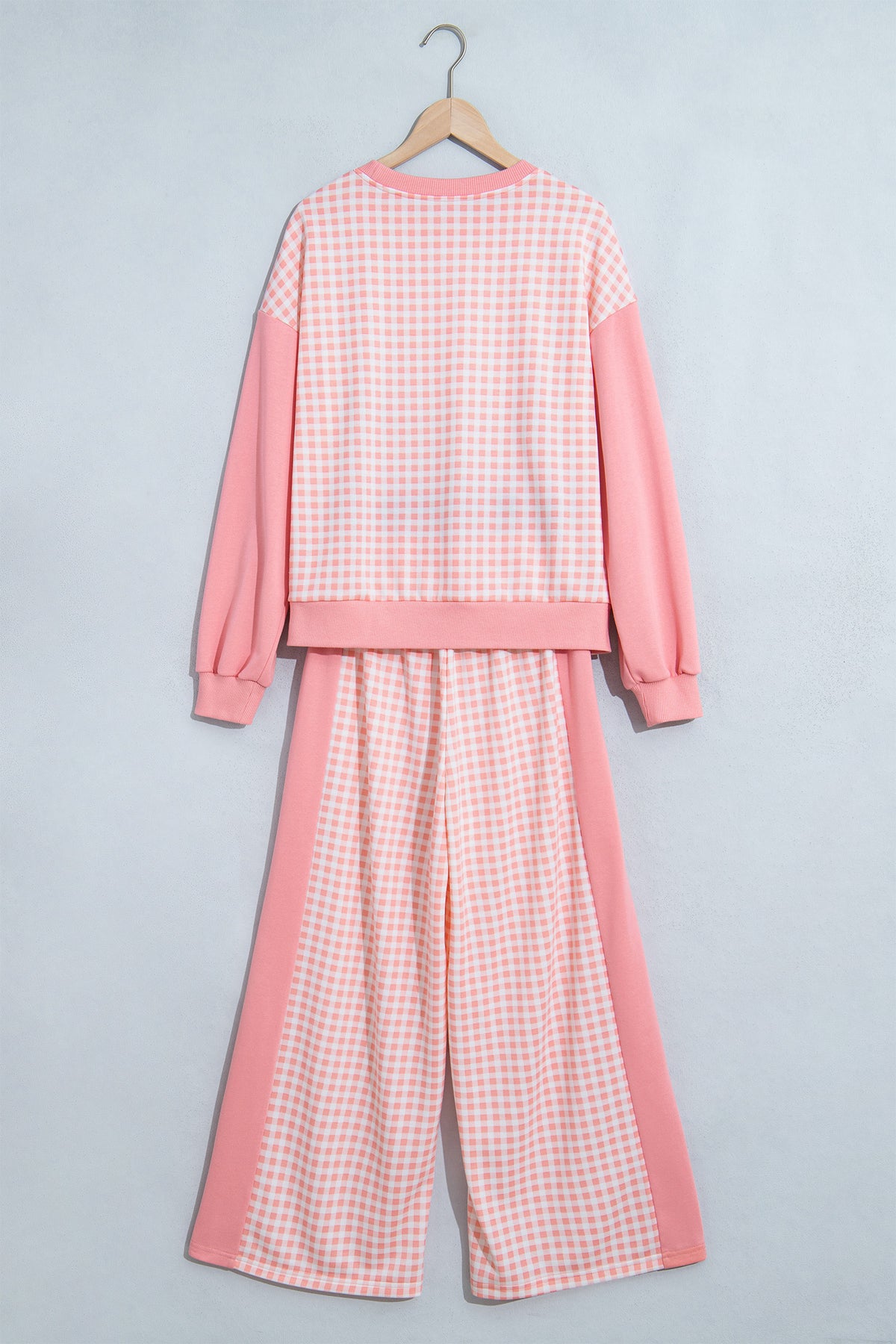 Khaki Color Block Plaid Patchwork Long Sleeve Pullover Wide Leg Pant Set