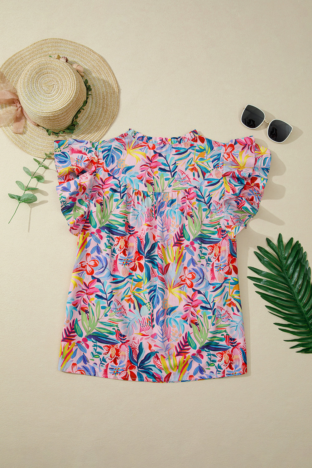 Pink Tropical Floral Print Frilly Notched Neck Ruffled Short Sleeve Blouse