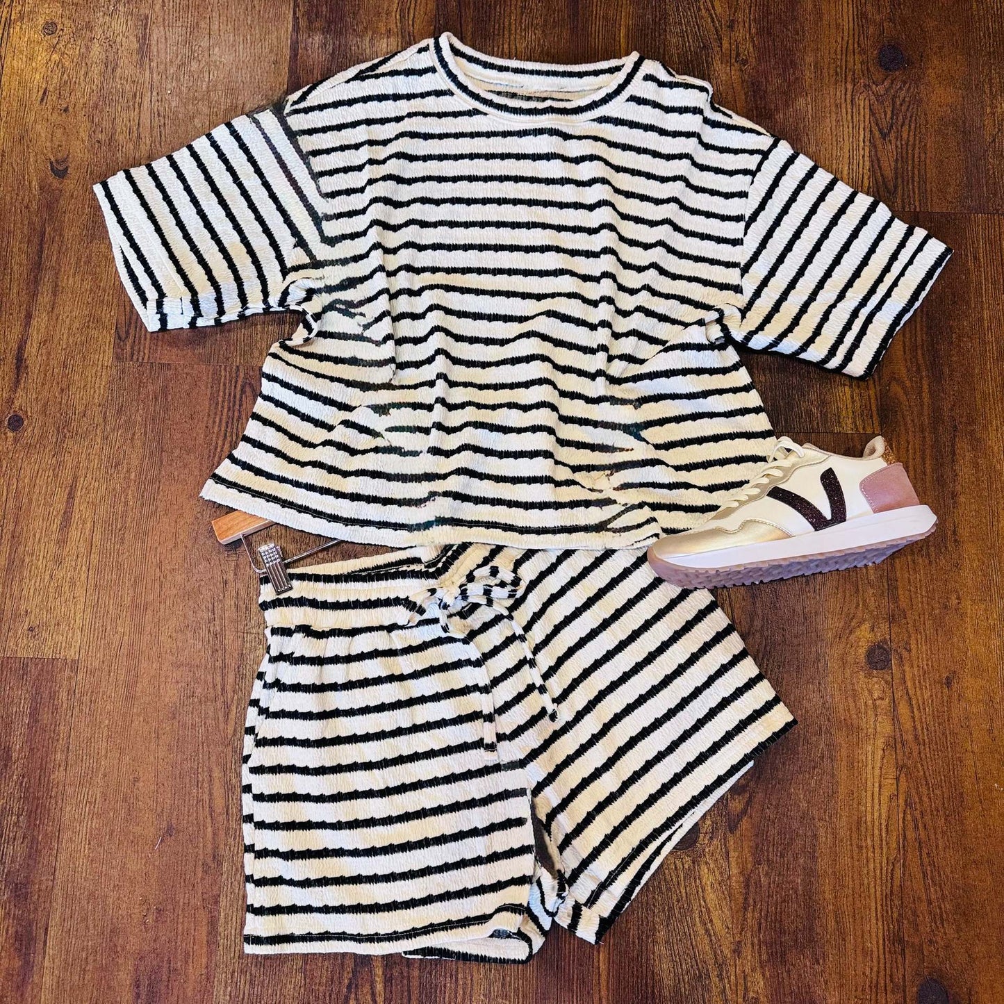 Striped Cotton Shorts Set Boutique Textured Knit Loungewear