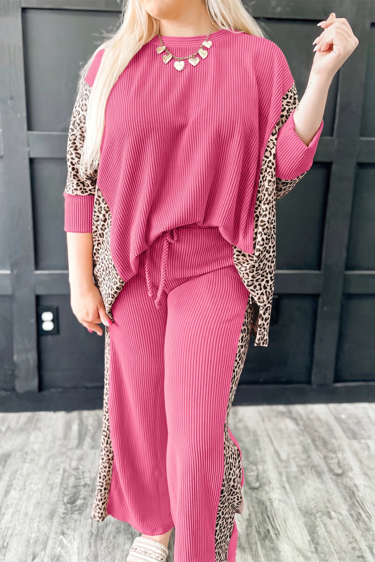 Parchment Leopard Print Twisted Ribbed Patchwork Long Sleeve Top Loose Pant Set