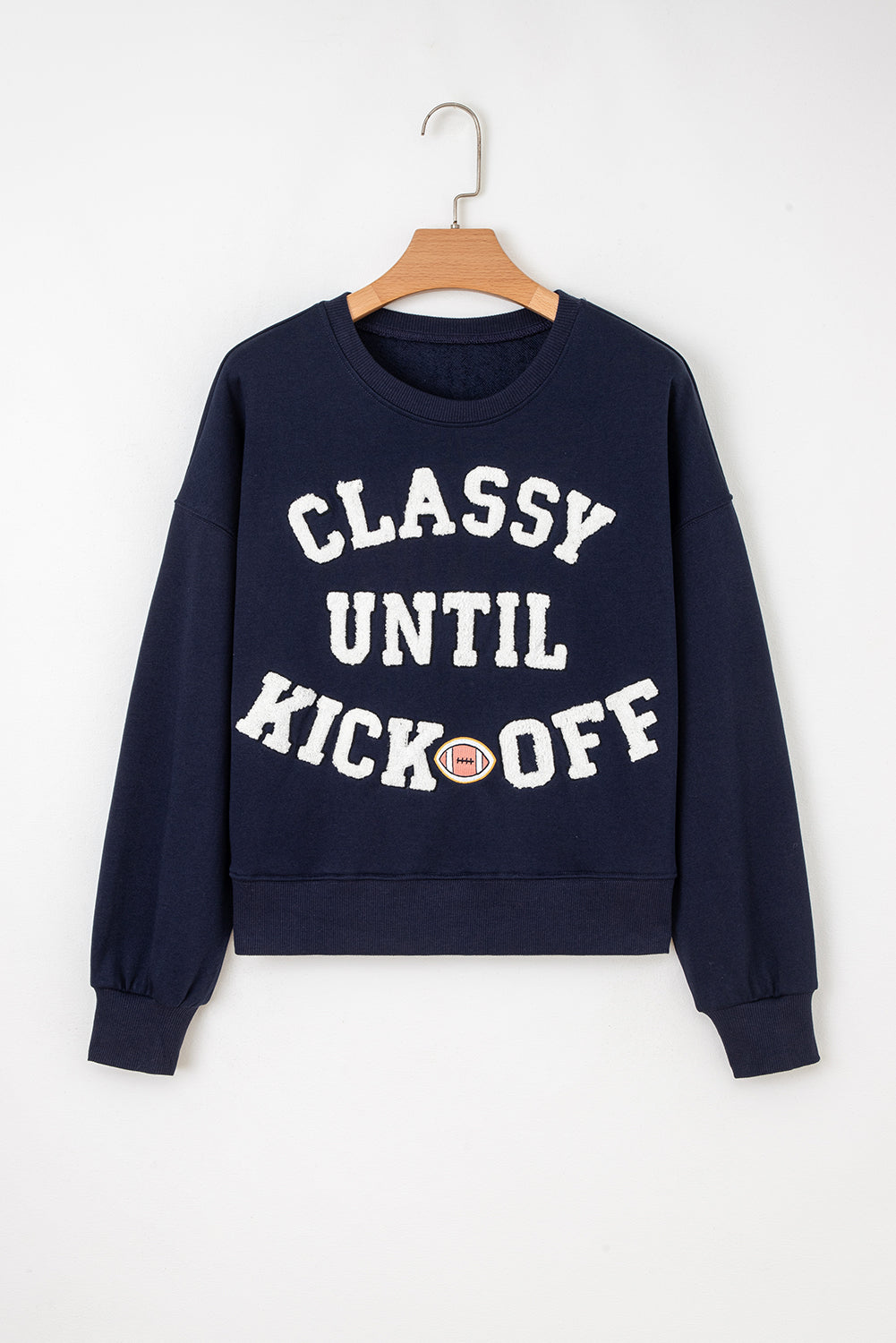Navy Blue CLASSY UNTIL KICKOFF Plush Letter Patched Loose Sweatshirt
