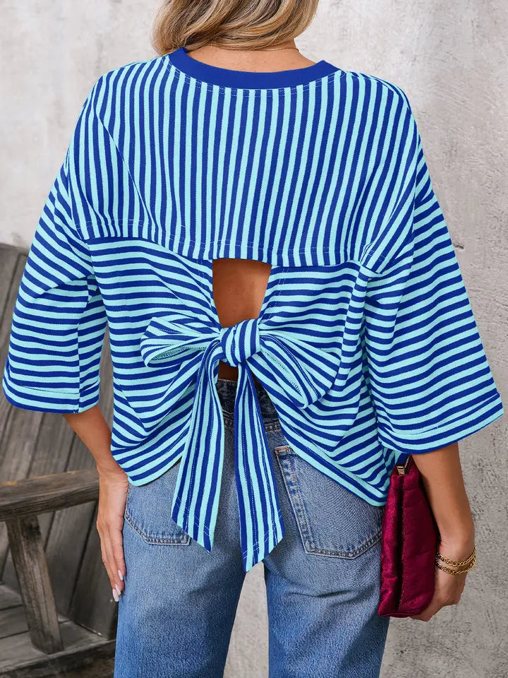 Red Stripe Bowknot Cutout Back Drop Shoulder Wide Bracelet Sleeve Loose Tee