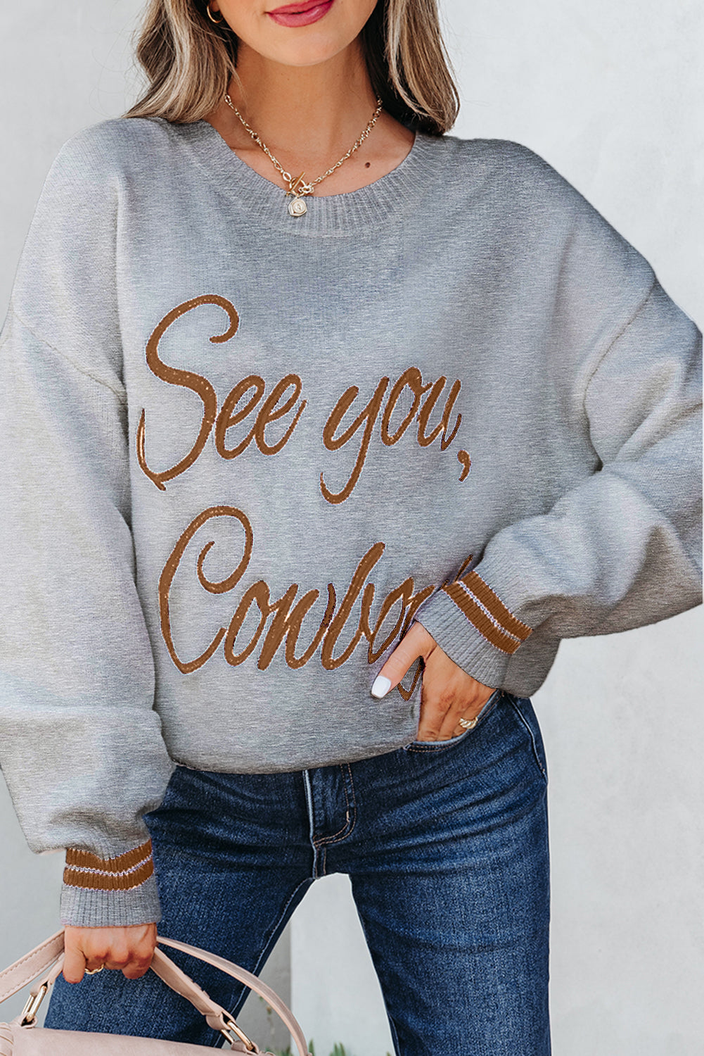 White See You Cowboy Embroidered Western Graphic Sweater