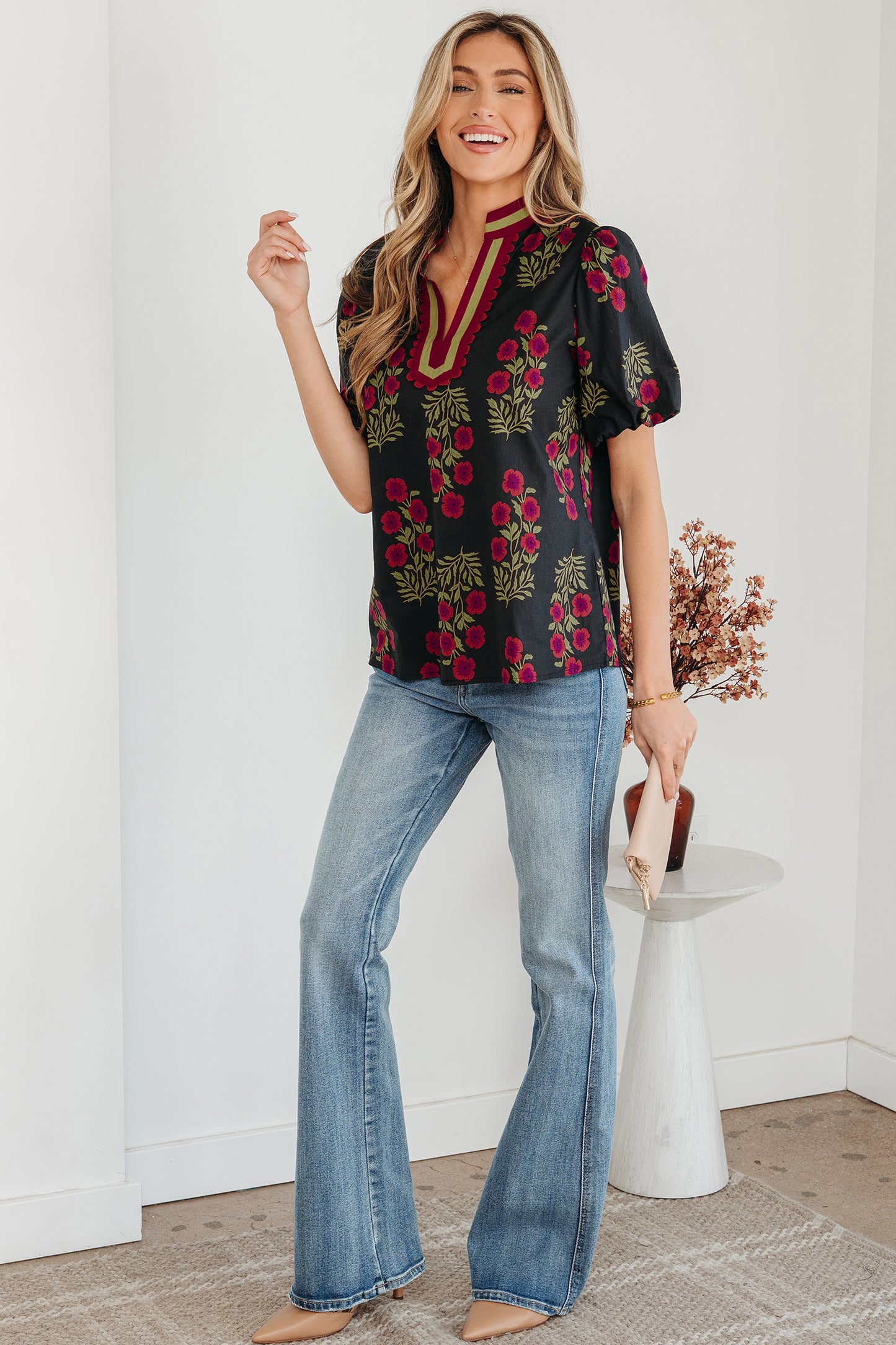 Black Floral Short Bubble Sleeve Contrast Slit Neckline Blouse