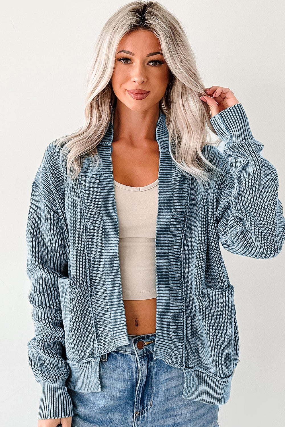 Chestnut Mineral Wash Exposed Seam Patchwork Knit Open Sweater Cardigan