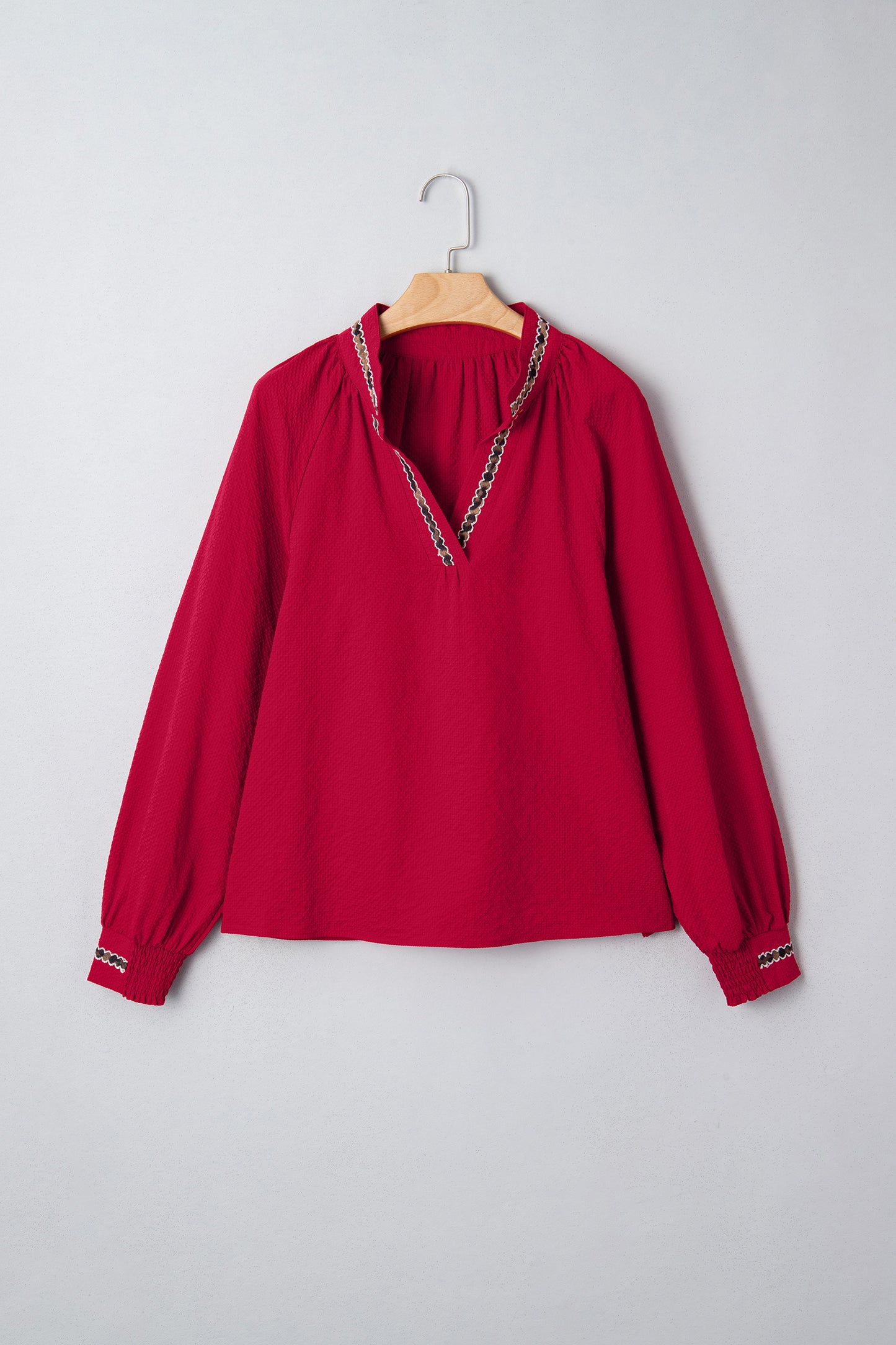 Racing Red Leopard Jacquard Print V Neck Textured Blouse