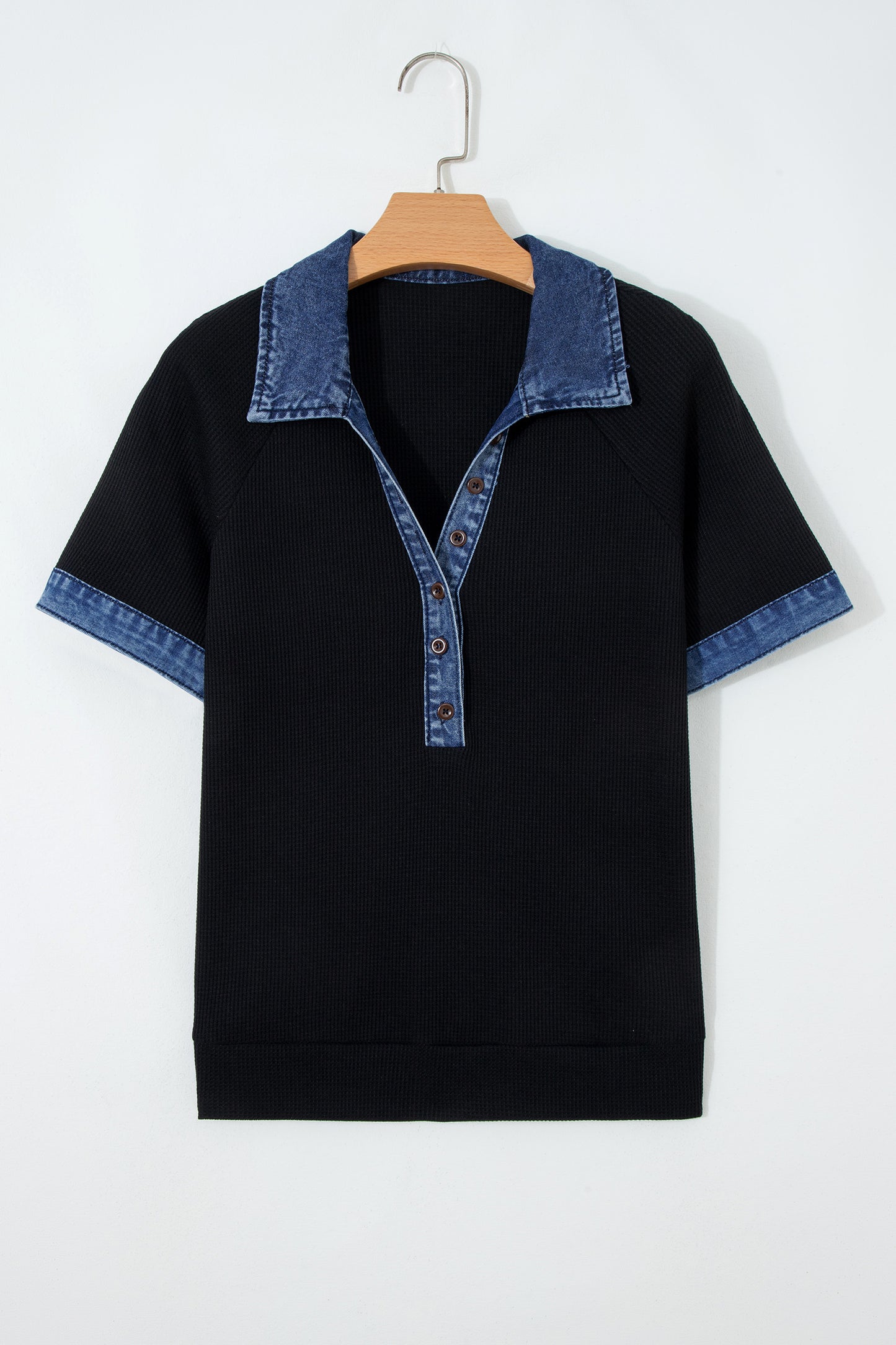 Black Waffle Knit Denim Contrast Trim Patchwork Button Polo Collar Top