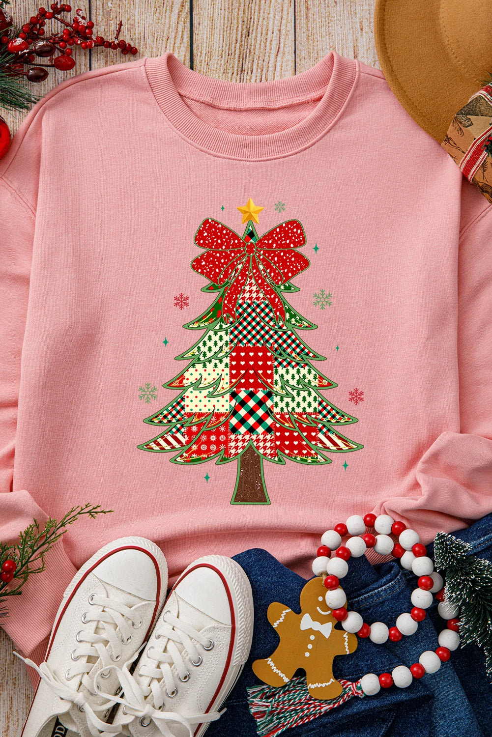 Pink Multi-pattern Checkered Christmas Tree Womens Drop Shoulder Sweatshirt