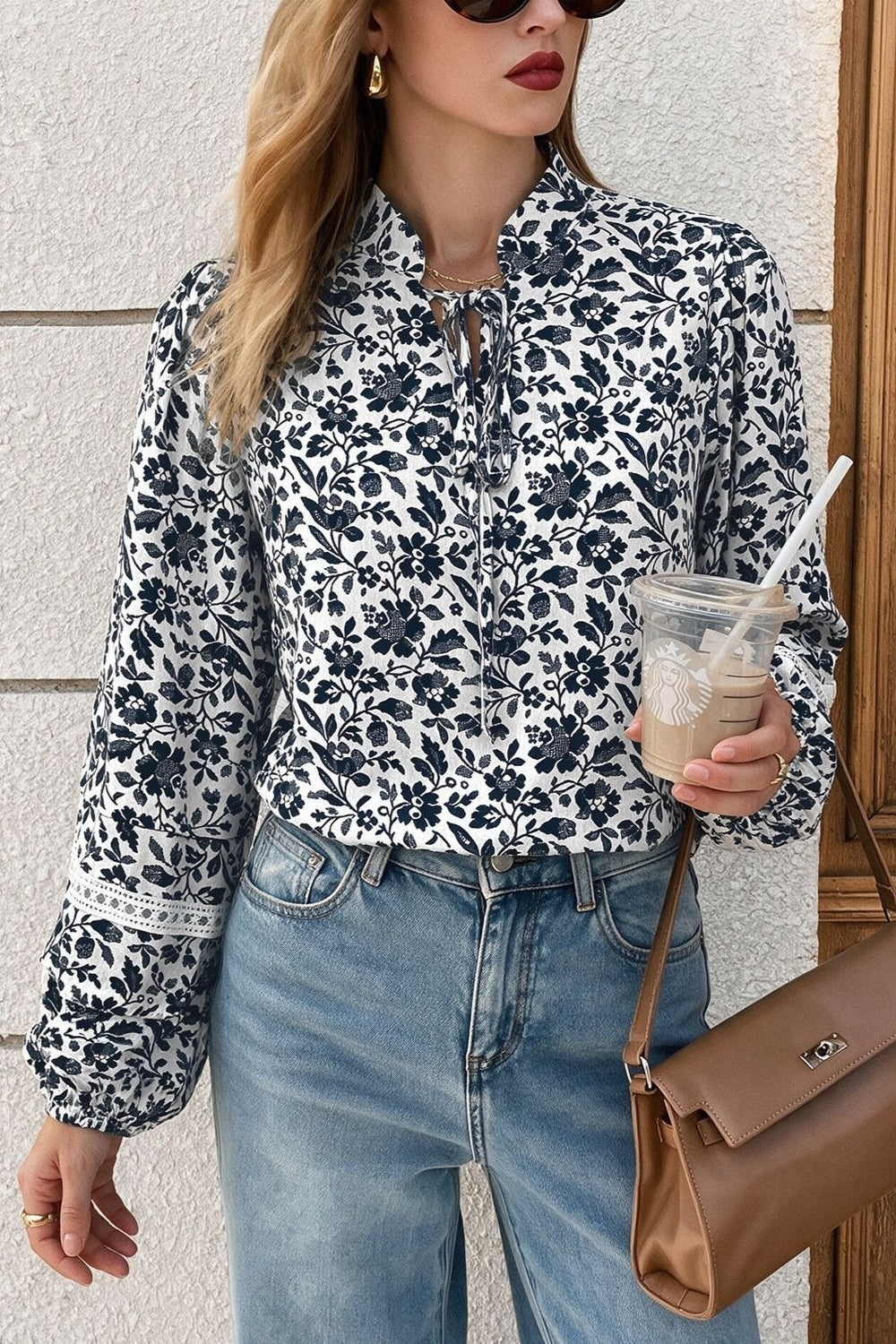 Women's Floral Tie Neck Balloon Sleeve Blouse