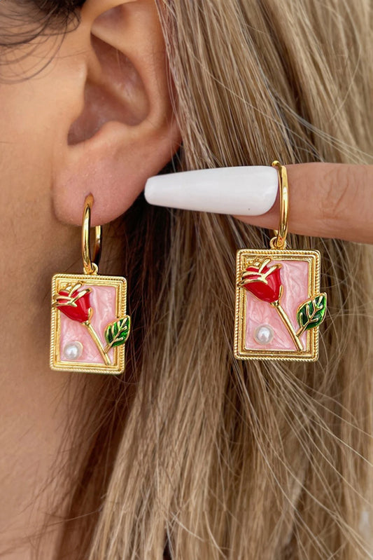Gold Plated Hoop Rose Pearl Square Charm Earrings
