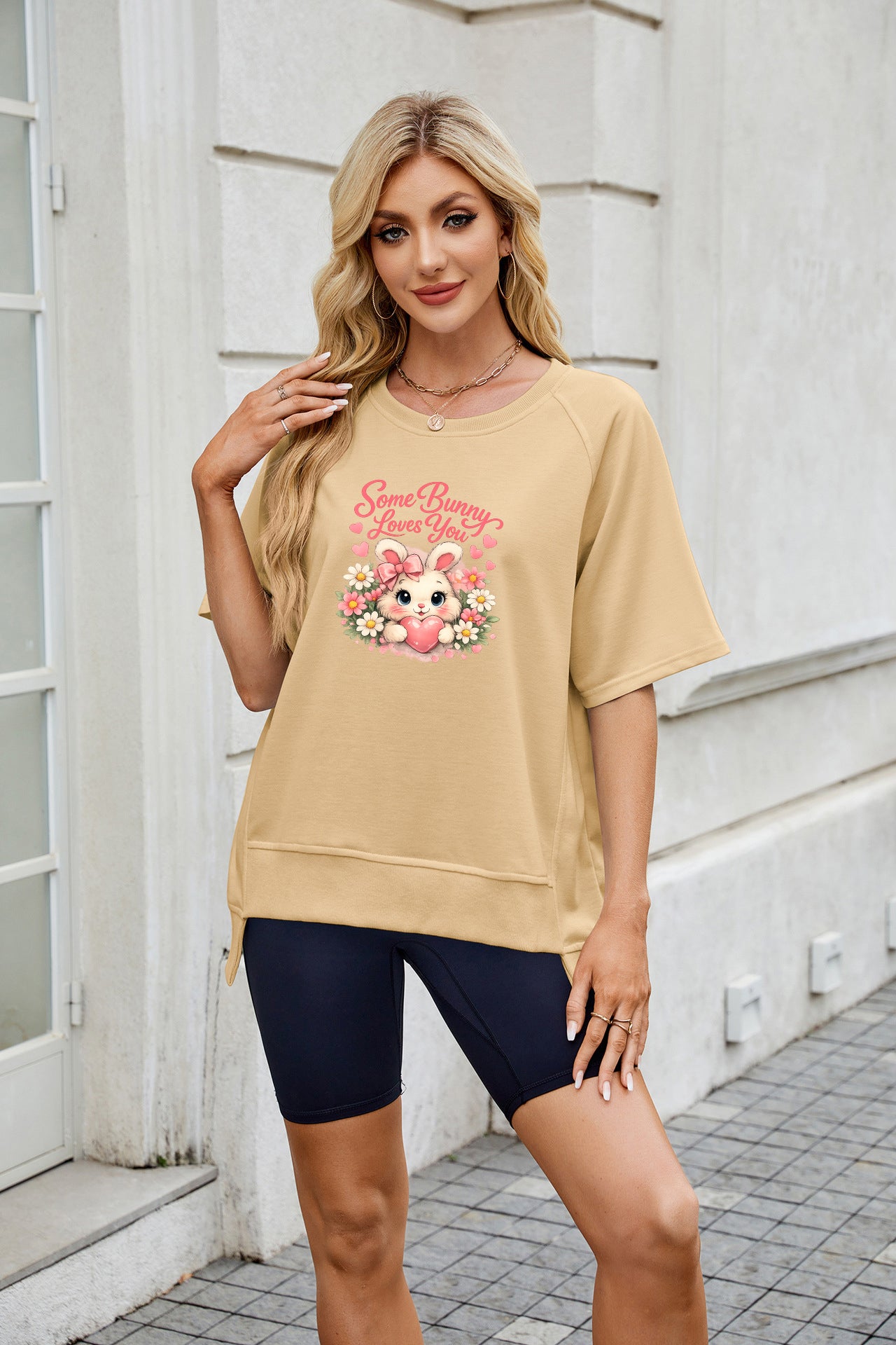 Easter Bunny Bow Graphic Casual Crewneck T Shirt