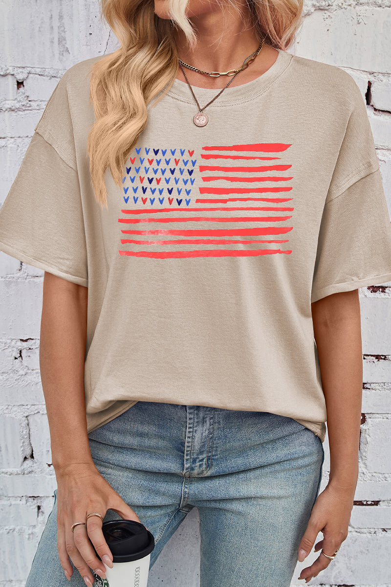 Heart Flag Cotton Tee Oversized Casual Patriotic