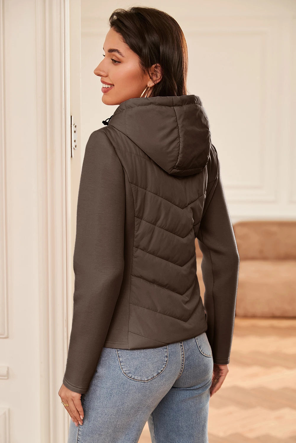 Dark Brown Scuba Sleeve Patchwork Zipped Front Hooded Puffer Jacket