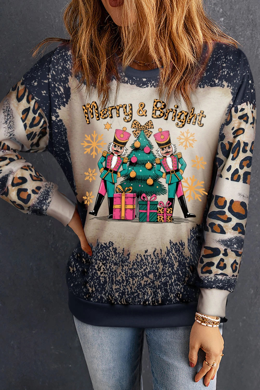 Black Merry&Bright Christmas Nutcracker Printed Leopard Tie Dye Bleached Baggy Sweatshirt