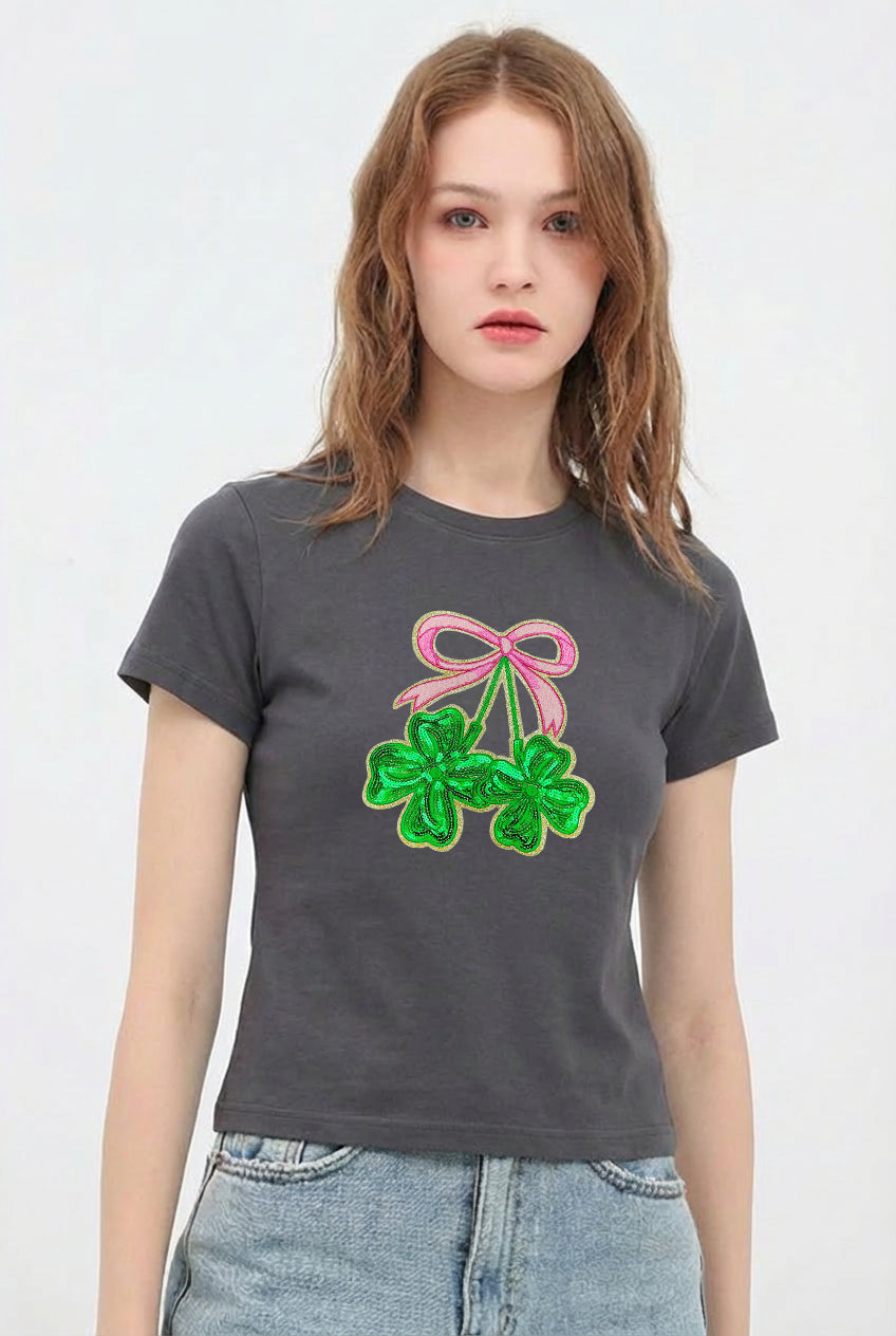 St Patricks Day Bow Shamrock Sequin Crop T-Shirt