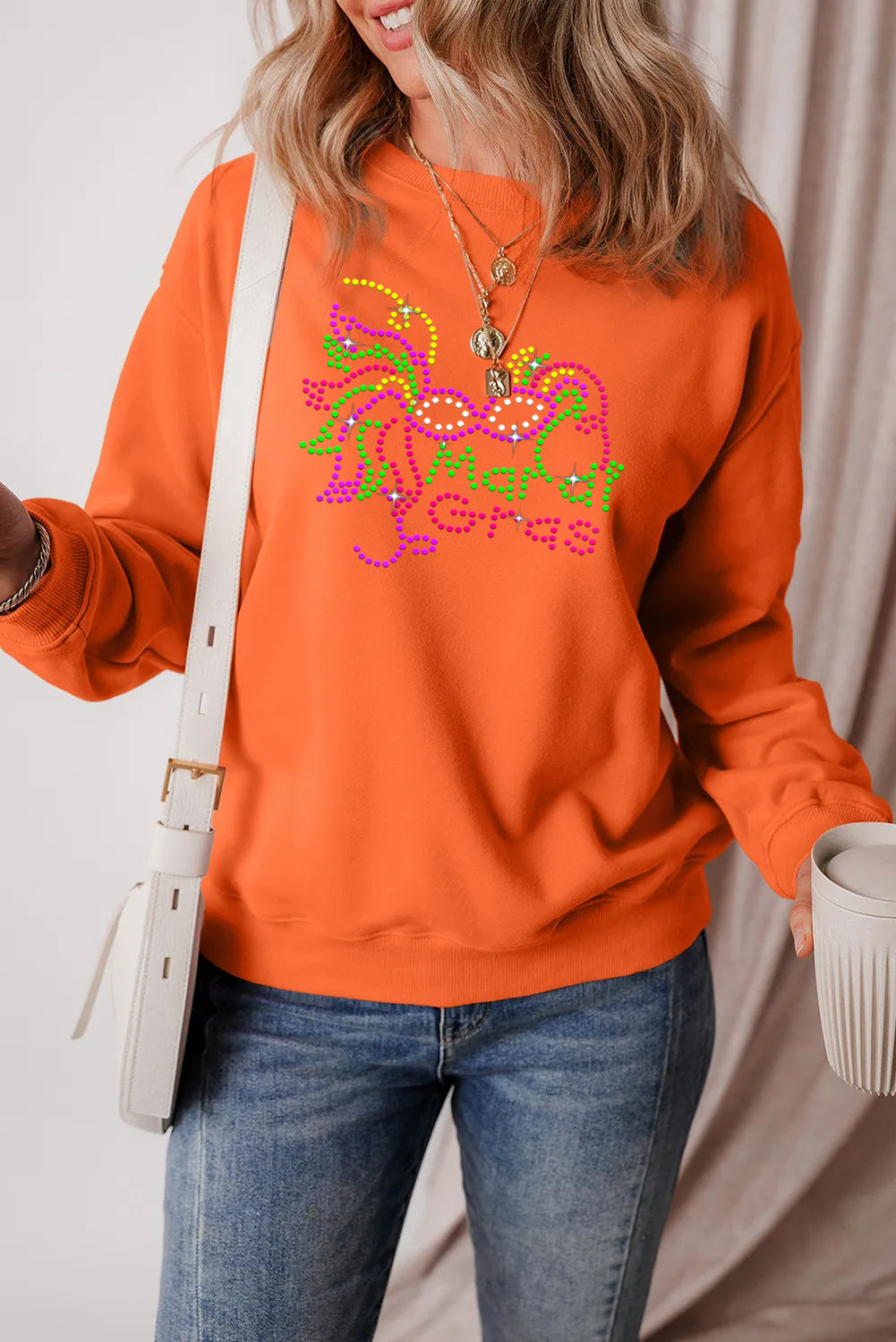 Mardi Gras Rhinestone Mask Graphic Green Sweatshirt