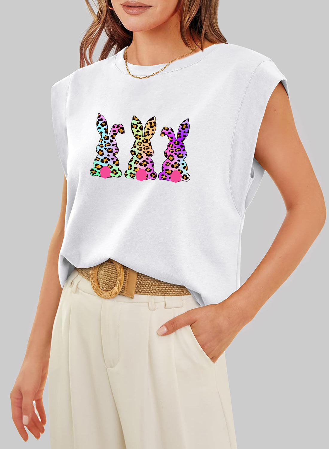 Easter Sequin Bunny Graphic Sleeveless Casual Top