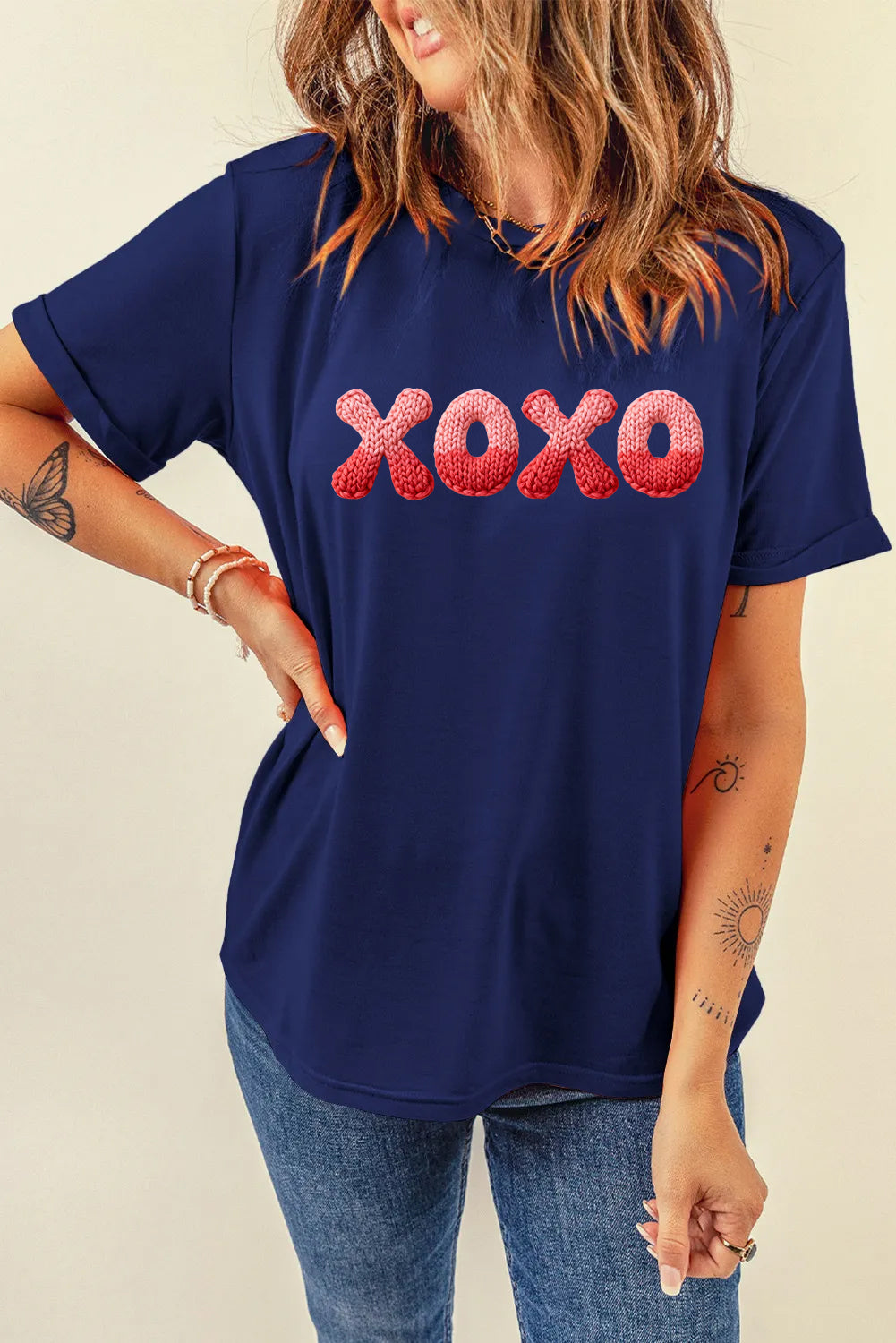 Valentine’s Day XOXO Knit Letter Graphic Tee（Not Embroidery）