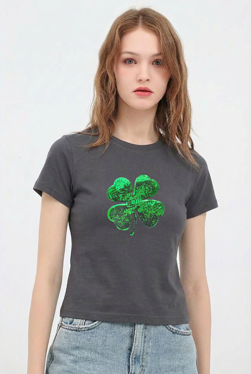St Patricks Day Sequin Shamrock Crop T-Shirt
