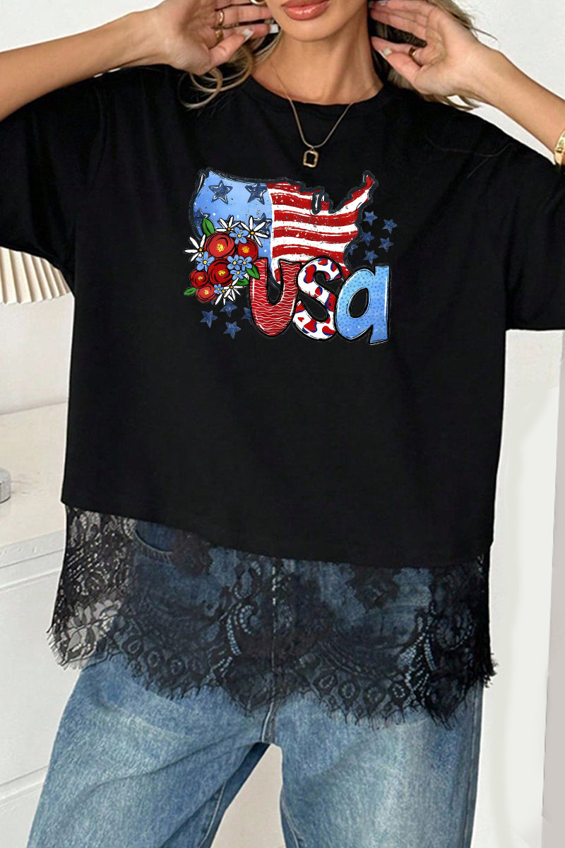 USA Graphic Woven Tee Lace Hem Flag Cute Summer Top