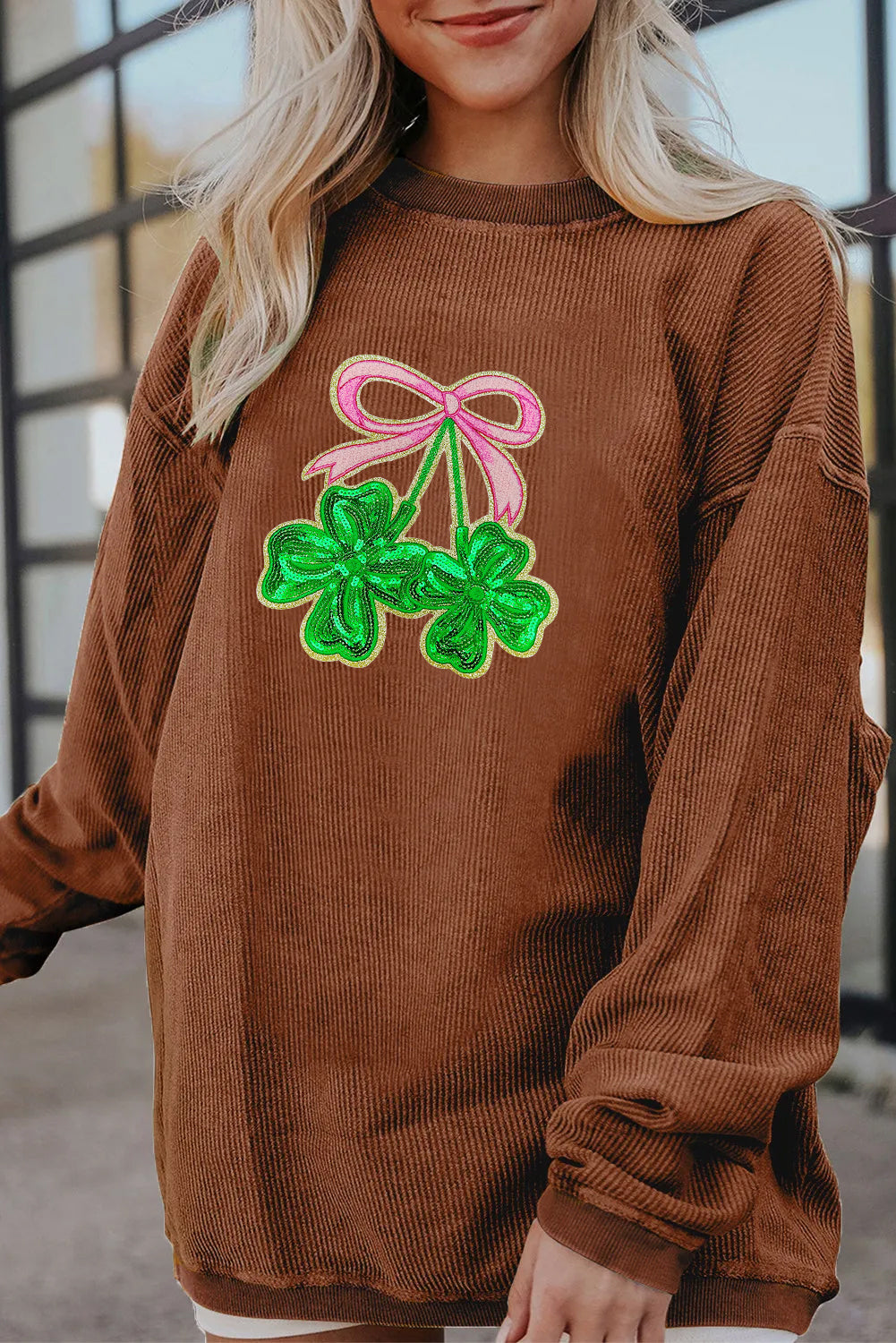 Saint Patrick’s Day LUCK Clover Graphic Corded Sweatshirt