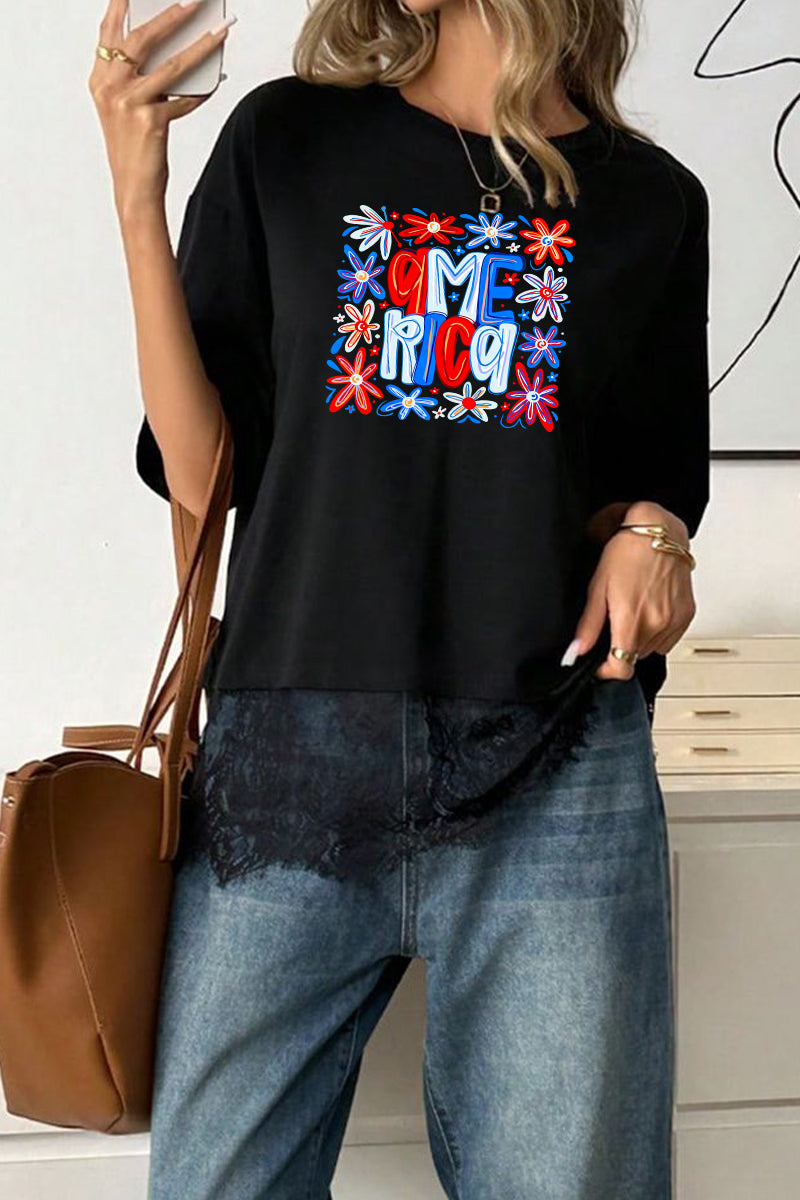Patriotic Polyester Tee 4th July Flower Graphic Top