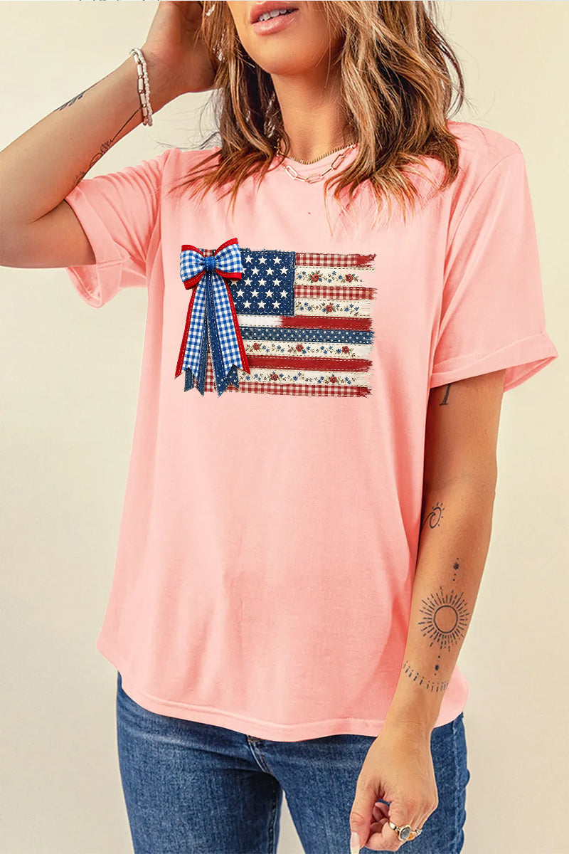 USA Flag Bow Graphic Tee Women Patriotic 4th of July Top