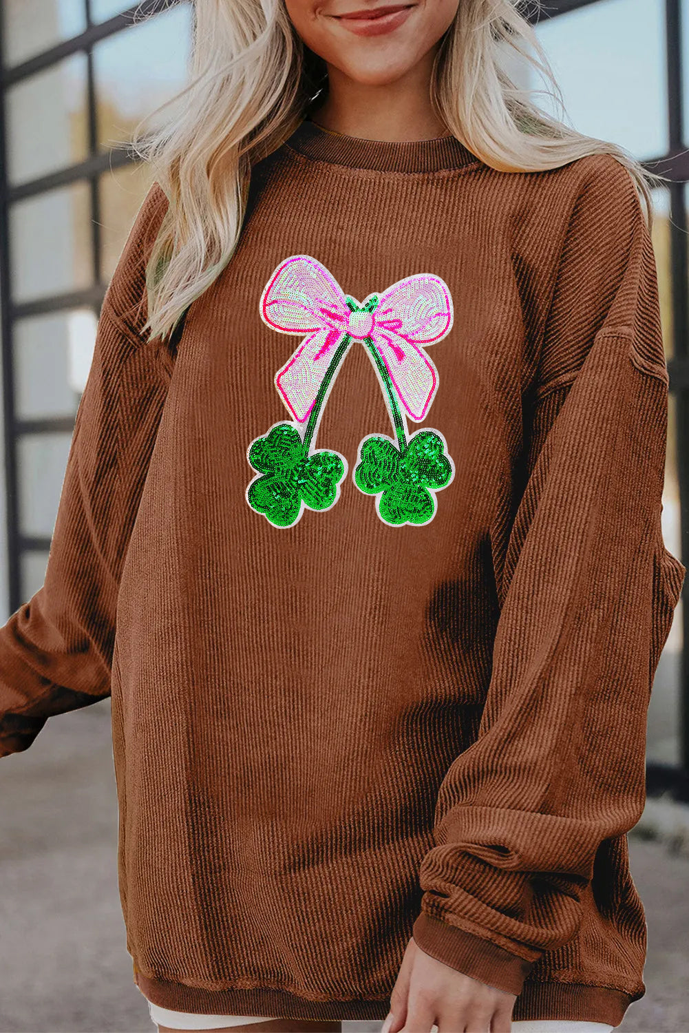 Saint Patrick’s Day Bow Clover Graphic Corded Sweatshirt