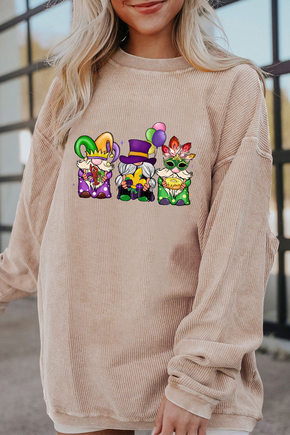 Mardi Gras Trio Gnome Graphic Corded Sweatshirt