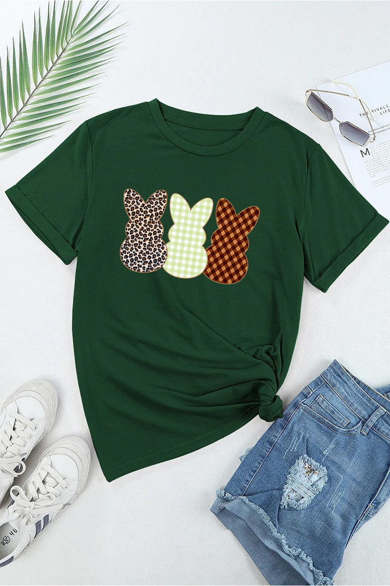 Three Bunny Graphic Tee Women Easter Spring Casual Shirt