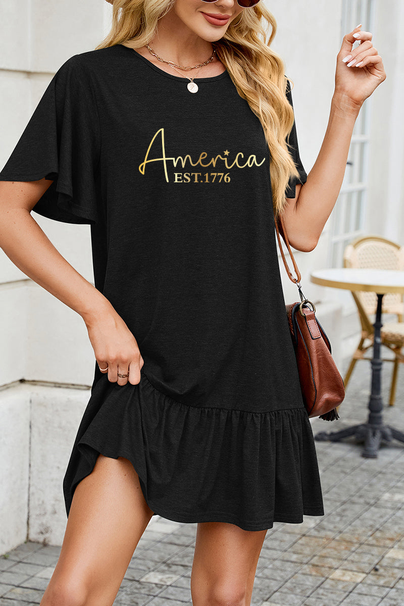 America Letter Cotton Dress Casual Ruffle Trendy