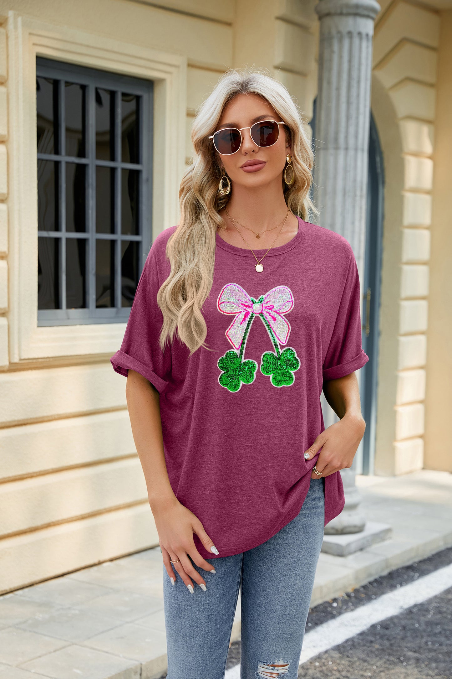 St Patrick’s Day Sequin Bow Clover Graphic Tee