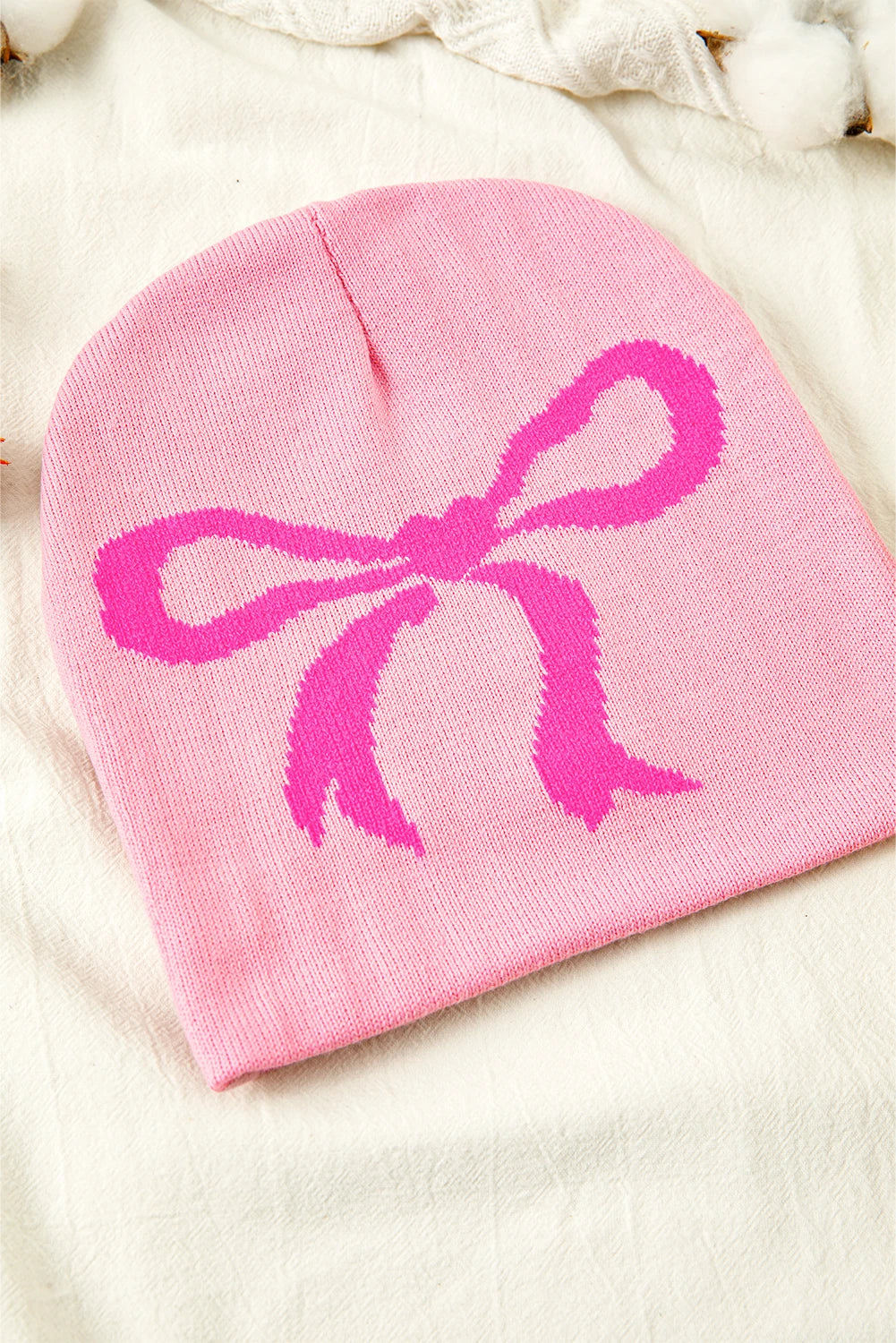 Pink Ribbon Bow Print Soft Knit Beanie