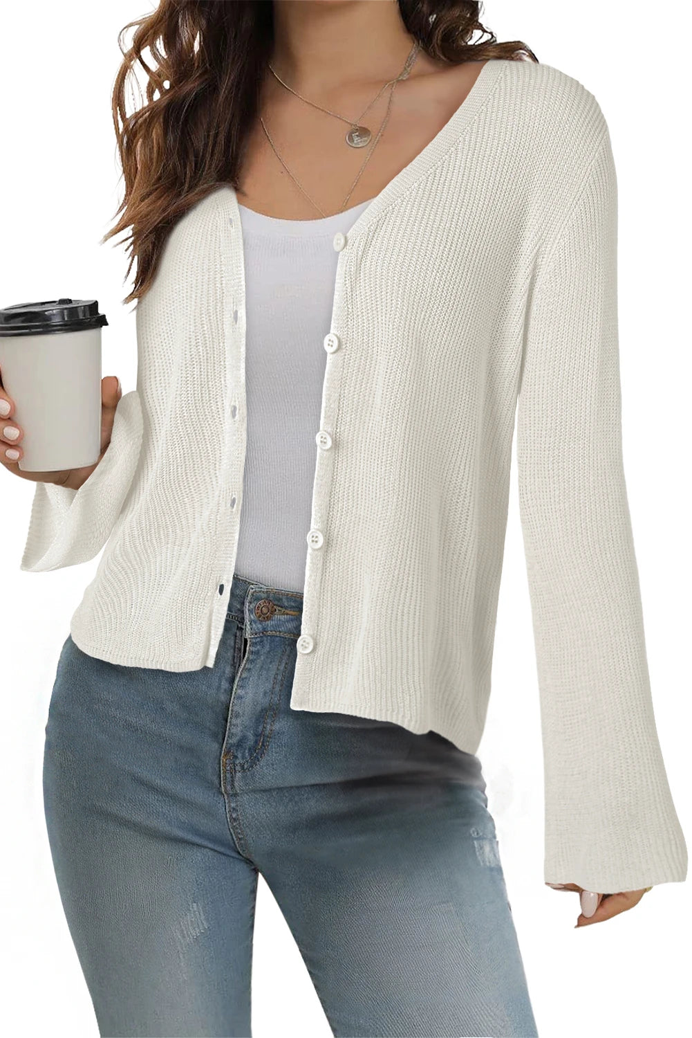White Lightweight V Neck Button Front Bell Sleeve Cardigan Sweater