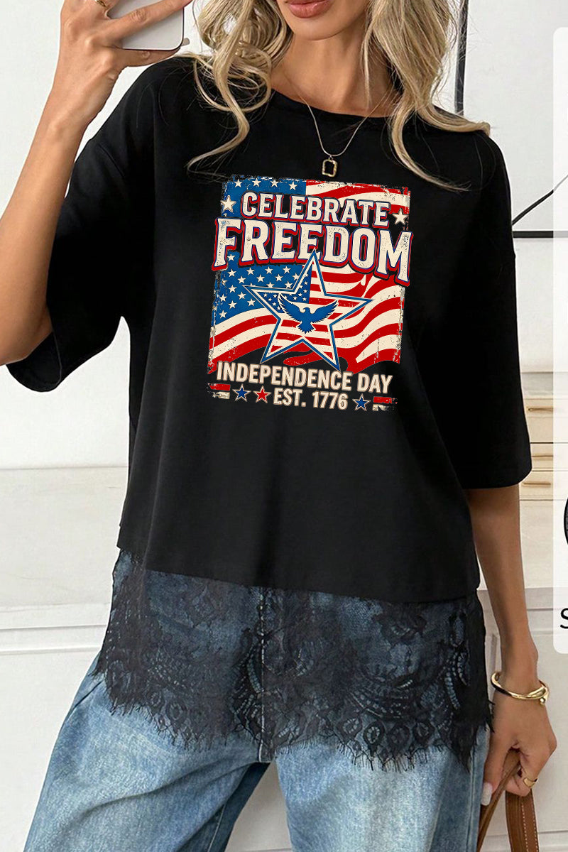 USA Flag Graphic Tee Lace Trim Patriotic 1776 Summer