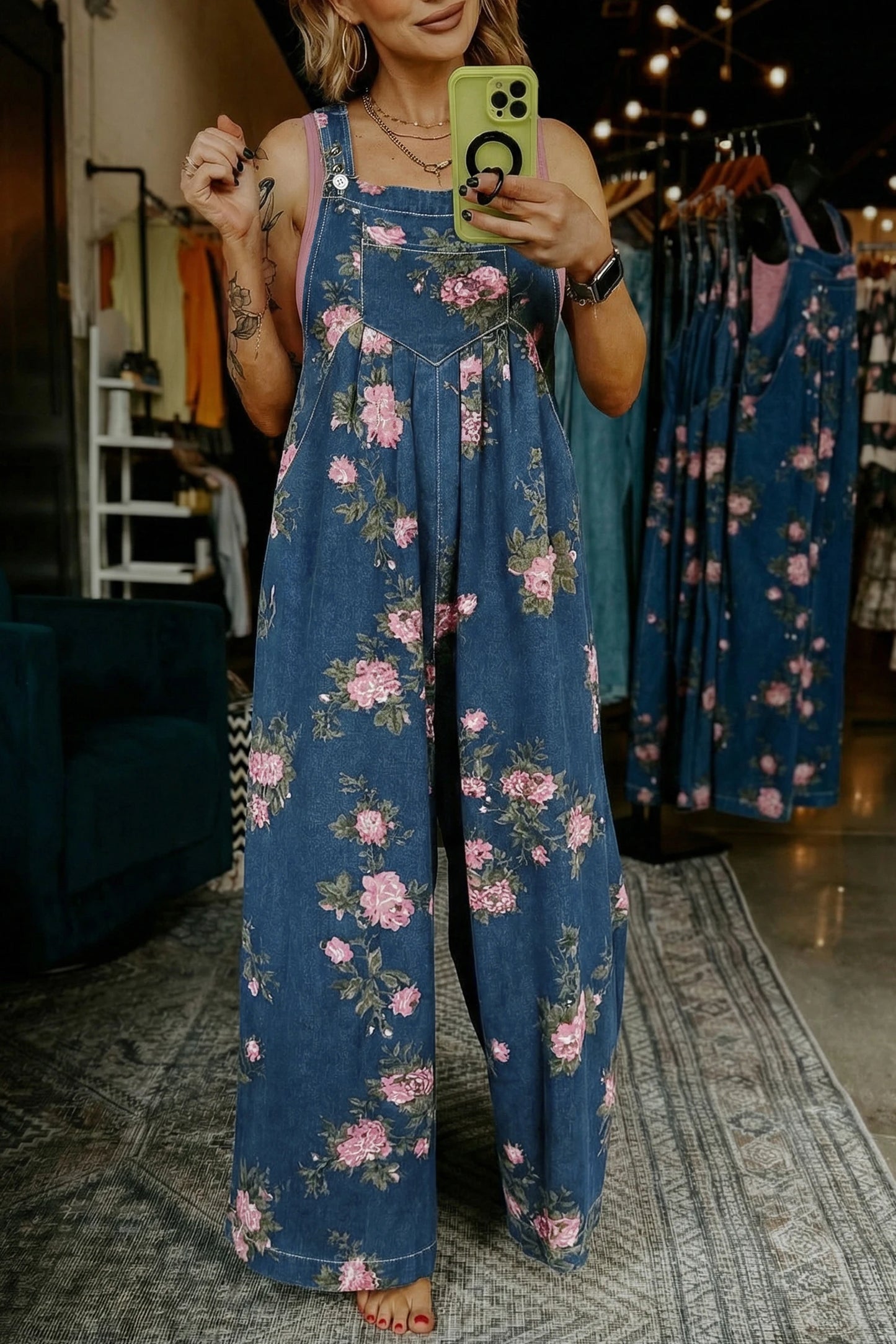 Beau Floral Print Pleated High Waist Wide Leg Denim Jumpsuit