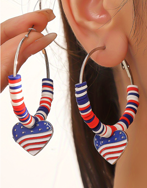 Silvery US Flag Heart Pendant Beaded Big Hoop Earrings