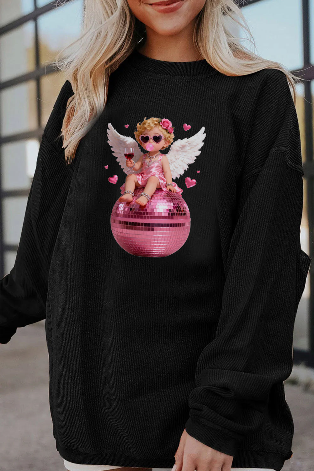 Valentine’s Day Pink Angel Disco Ball Graphic Sweatshirt