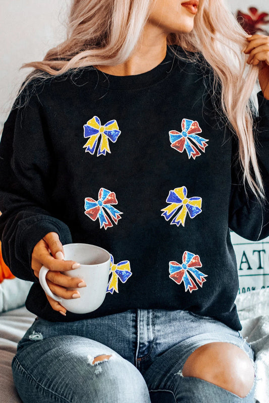 Black Shimmering Bow Patched Pattern Game Day Sweatshirt