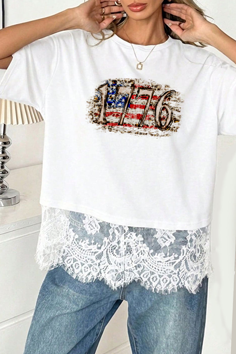 USA 1776 Graphic Tee Lightweight Lace Hem Patriotic Shirt