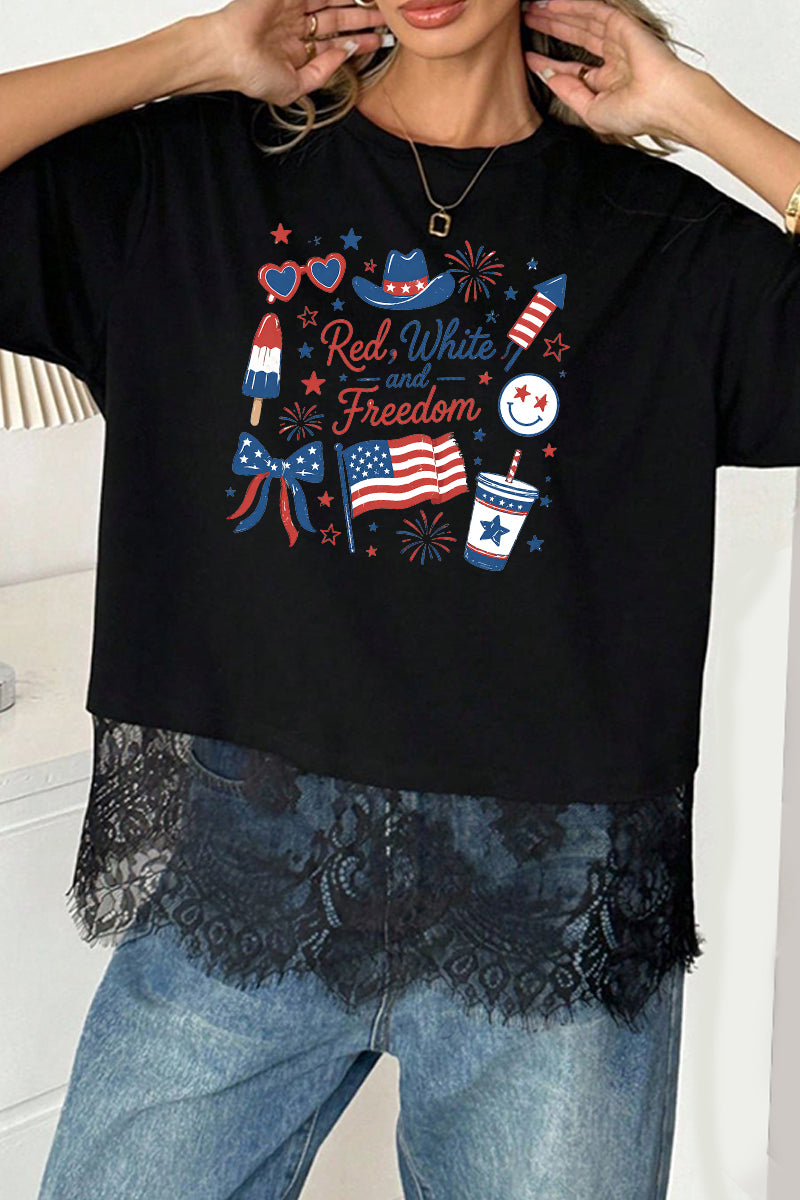 Patriotic Polyester Tee Red White Freedom 4th July Top