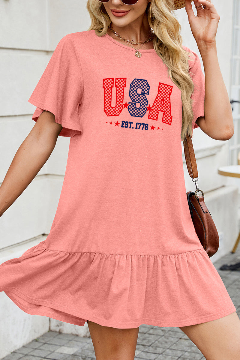Patriotic Graphic Dress Ruffle Hem USA Casual Mini