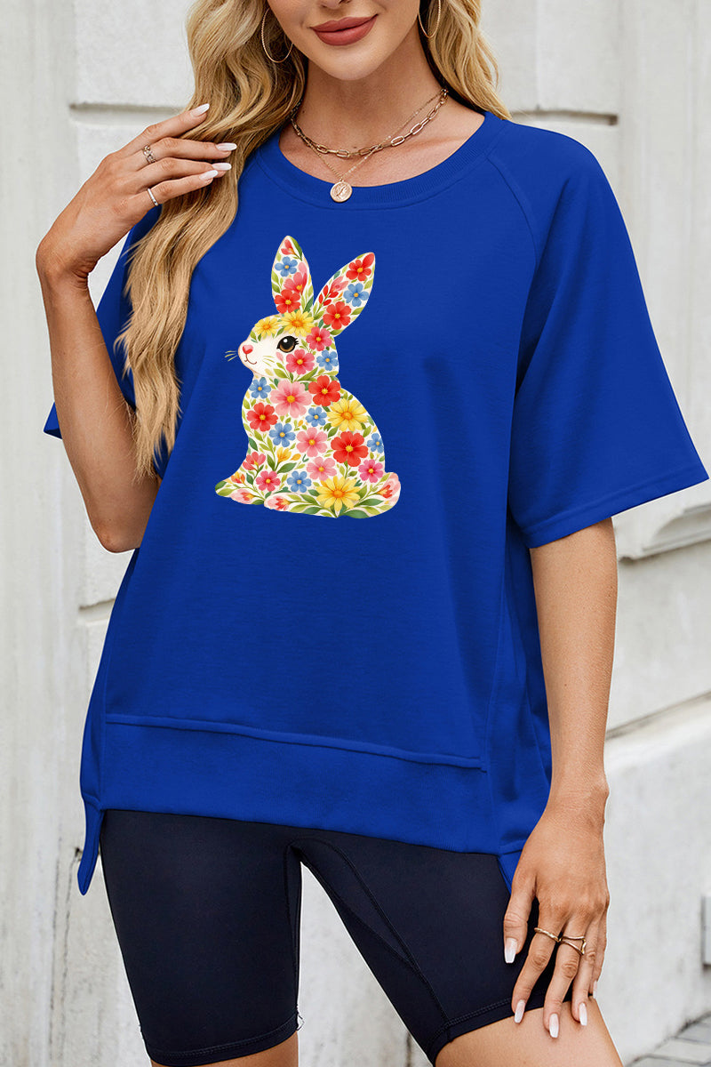 Floral Easter Bunny Graphic Tee Women Spring Casual Top