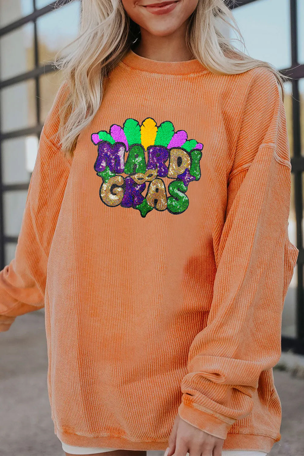 Mardi Gras Beaded Sequin Graphic Corded Sweatshirt