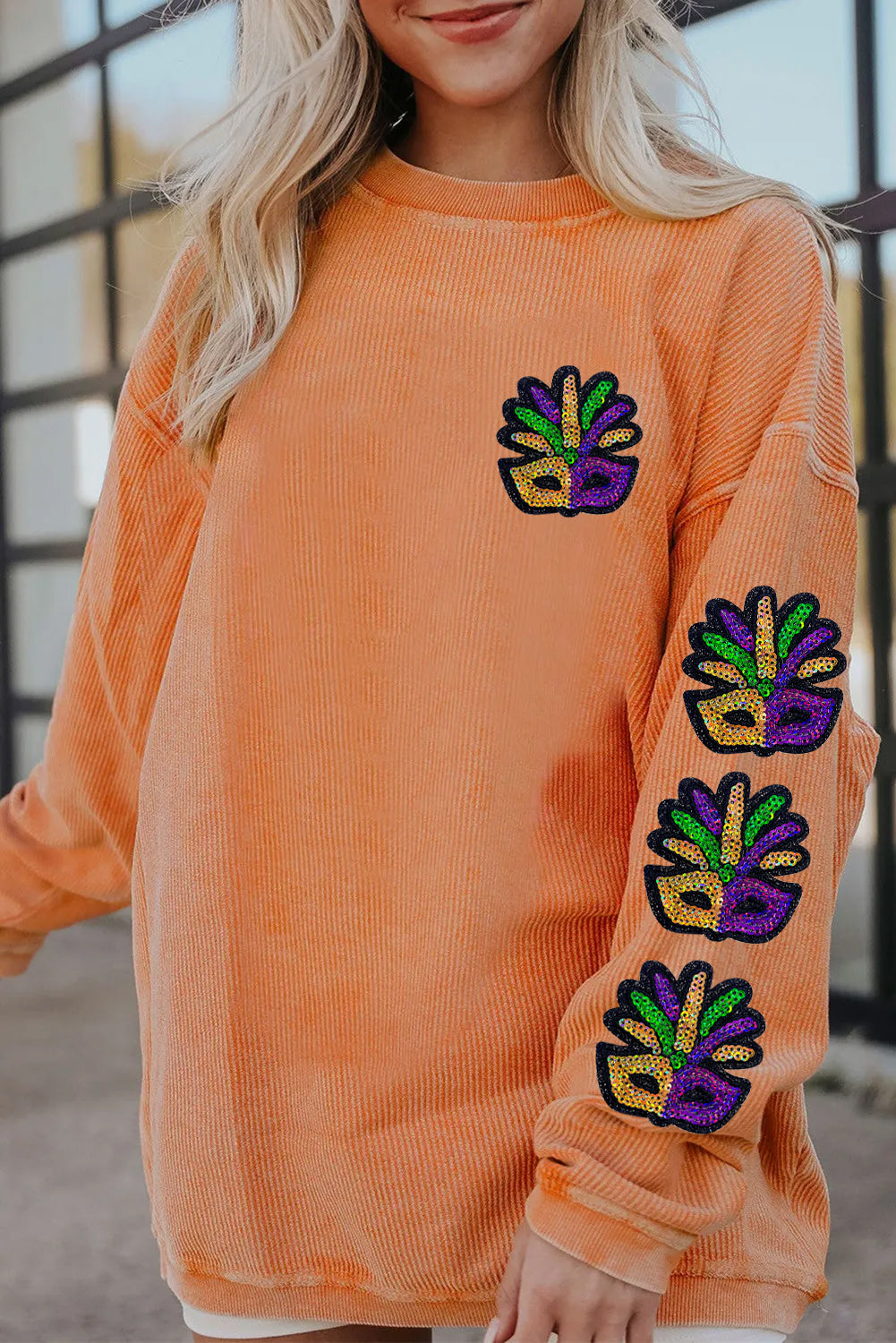 Mardi Gras Mask Patch Sleeve Detail Casual Sweatshirt