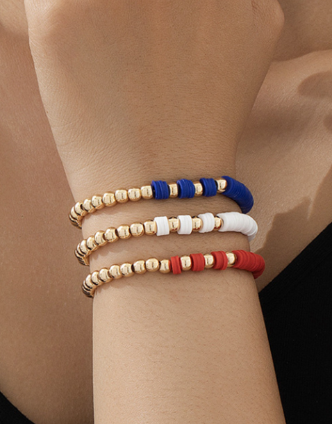 Gold US Flag Theme Beaded Triple Layer Bracelets