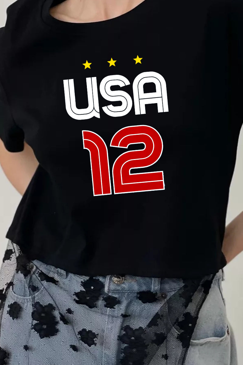 USA 12 Graphic Crop Tee Casual Short Sleeve Patriotic T Shirt Women
